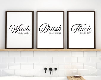 Bathroom Wall Art, Set of 3 Bathroom Prints in Black and White, Modern Bathroom Art, Minimalist Bathroom Decor, Bathroom Rules Sign