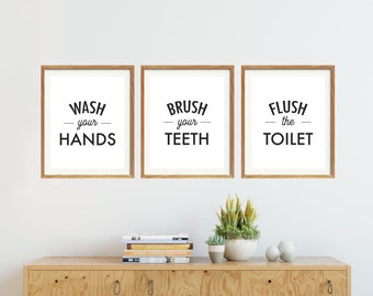 Bathroom Art, Wash Brush Flush, Bathroom Prints, Wash your Hands, Bathroom Instructions, Black and White