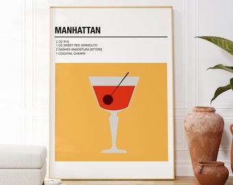 Manhattan Cocktail Poster, Retro Cocktail Prints, Mid Century Modern Wall Art, Colourful Bar Cart Decor, Cocktail Recipe Prints, Bar Sign