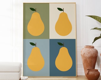 Mid Century Modern Kitchen Art, Pear Print, Large Kitchen Art, Colourful Kitchen Print, Home Decor, Fruit Poster, Mid Century Modern Art