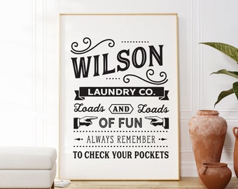 Personalized Laundry Print, Laundry Room Art, Vintage Laundry Sign, Laundry Room Decor, Black and White Laundry Print