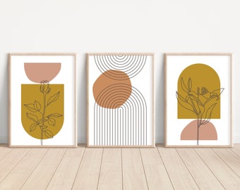 Boho Art Set of Three Prints, Boho Wall Art, Abstract Art, Line Art Botanicals, Minimal Botanical Prints, Gold and Pink, Line Art Flowers