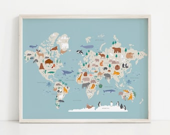 World Map Poster, Kids Map, Animal Map, Kids Map of the World, Kids Room Art, Kids Art, Educational Art, Scandinavian Nursery