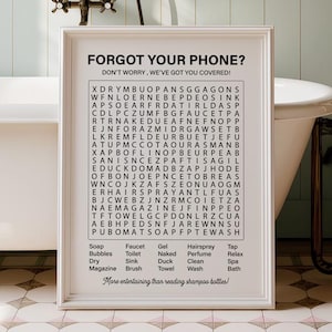 May include: Three bathroom wall art prints with a vintage ticket design. The first print is green and says "Hot Bath, Admit One". The second print is pink and says "Shower Karaoke, Admit One". The third print is black and white and says "Forgot Your Phone? Don't Worry, We've Got You Covered!" with a word search puzzle featuring bathroom-related words.