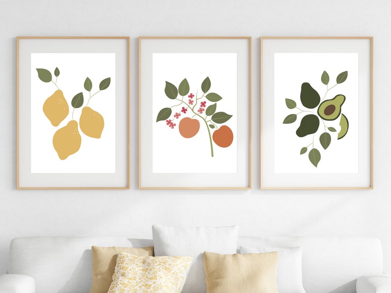 Kitchen Fruit Prints, Avocado Print, Lemon Wall Art, Peach Print, Fruit Wall Art, Kitchen Art, Kitchen Prints, Kitchen Botanical Art image 2