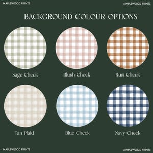 May include: An image showcasing six circular fabric patterns with a gingham or plaid design. The color options include sage, blush, rust, tan, blue, and navy. The text "BACKGROUND COLOUR OPTIONS" is at the top, with "MAPLEWOOD PRINTS" at the top and bottom.