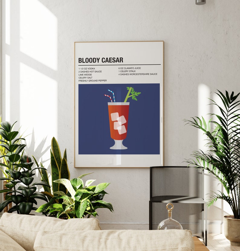 Bloody Caesar Cocktail Print, Colourful Bar Cart Decor, Retro Cocktail Posters, Caesar Cocktail Print, Mid Century Modern Wall Art, Bar Sign image 3