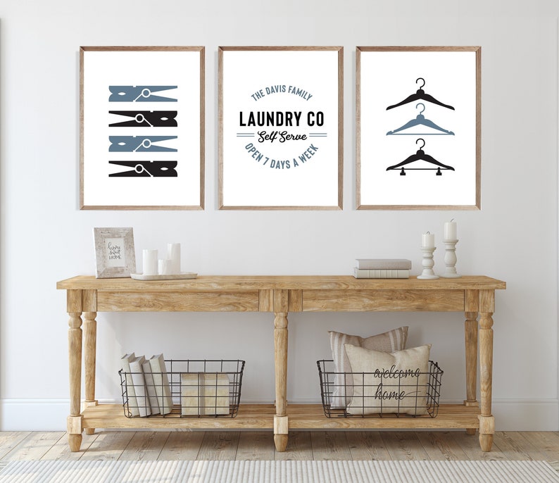 Laundry Room Art - Set of Three - Laundry Wall Art - Wall Art Set - Personalized Laundry Sign - Hangers Print - Clothes Pins - Laundry Set image 2