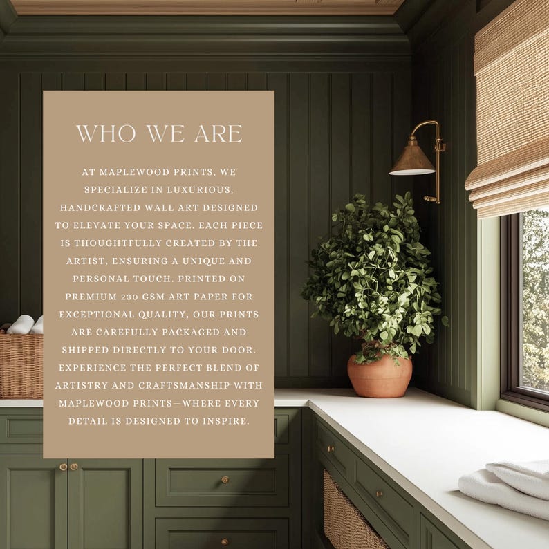 May include: A text-based image with a green and brown color scheme. The text reads "Who We Are" and describes the company's commitment to creating high-quality, handcrafted wall art. The image also shows a green room with a window and a plant.