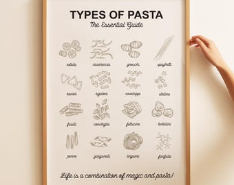 Pasta Print, Italian Food Art, Kitchen Wall Decor, Pasta Shapes Poster, Pasta Illustration, Food Lover Gift, Pasta Lover Gift, Foodie Art
