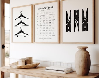 Laundry Room Art, Set of Three Prints, Laundry Symbols, Vintage Laundry Sign, White Laundry Room Prints, Clothespins, Hangers