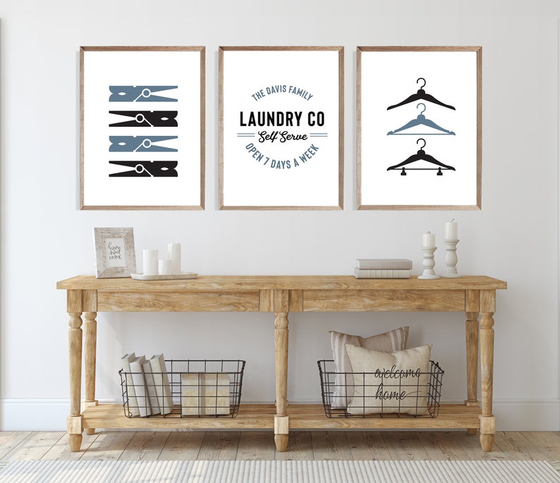 Laundry Room Art Set of Three Laundry Wall Art Wall Art Set Personalized Laundry Sign Hangers Print Clothes Pins Laundry Set image 1