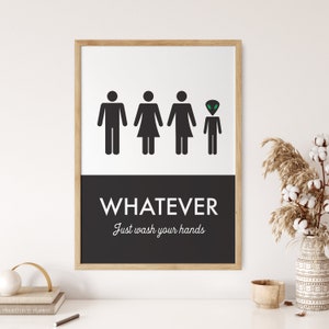 Unisex Bathroom Sign, Funny Bathroom Print, Unisex Bathroom, Family Washroom, Wash Your Hands Sign, Statement Bathroom Print, Guest Bath image 9