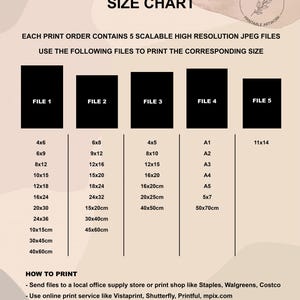 May include: A size chart for printable artwork, showing the different file sizes available for each print order. The chart lists file sizes in inches and centimeters, as well as paper sizes like A1, A2, A3, A4, and A5. The chart also includes instructions on how to print the artwork, including sending files to a local print shop or using an online print service.