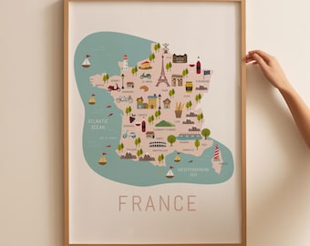 Mappa della Francia Stampa Mappa illustrata della Francia Poster di viaggio Arte francese per la cameretta dei bambini Poster per l'aula di francese Regali parigini Arte educativa