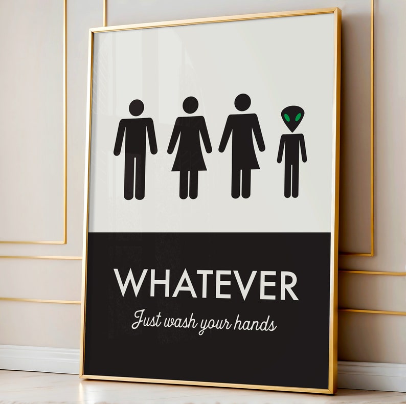 Unisex Bathroom Sign, Funny Bathroom Print, Unisex Bathroom, Family Washroom, Wash Your Hands Sign, Statement Bathroom Print, Guest Bath image 4