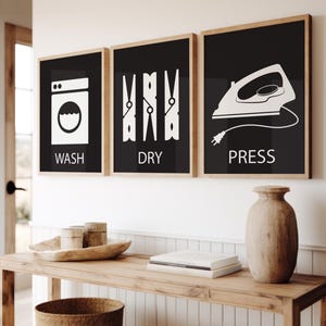 Laundry Room Wall Art Set, Wash Dry Press Prints, Minimalist Laundry Decor, Black and White Laundry Prints, Laundry Sign, Laundry Room Art
