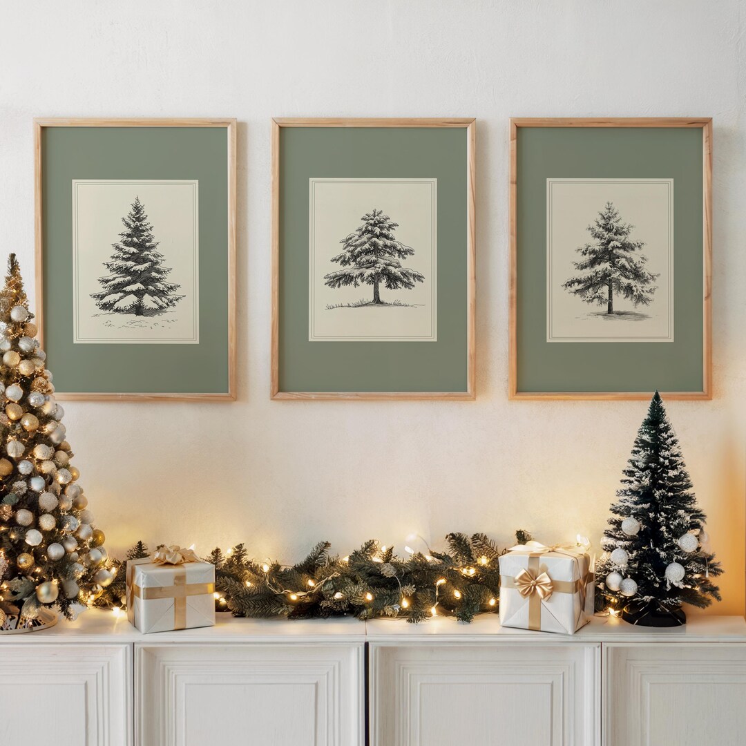 Vintage Style Christmas Tree Prints Set of 3 Pine Tree