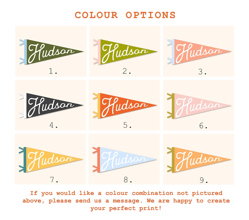 May include: Nine different color options for a pennant flag with the word "Hudson" in a retro font. The pennant is a triangular shape with a pointed end. The colors include green, yellow, orange, pink, blue, and black.