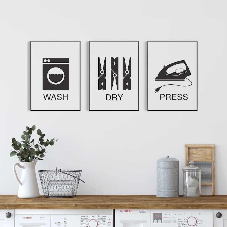 Wash Dry Press Prints, Laundry Room Art, Laundry Print Set, Black and White, Laundry Room Signs image 2