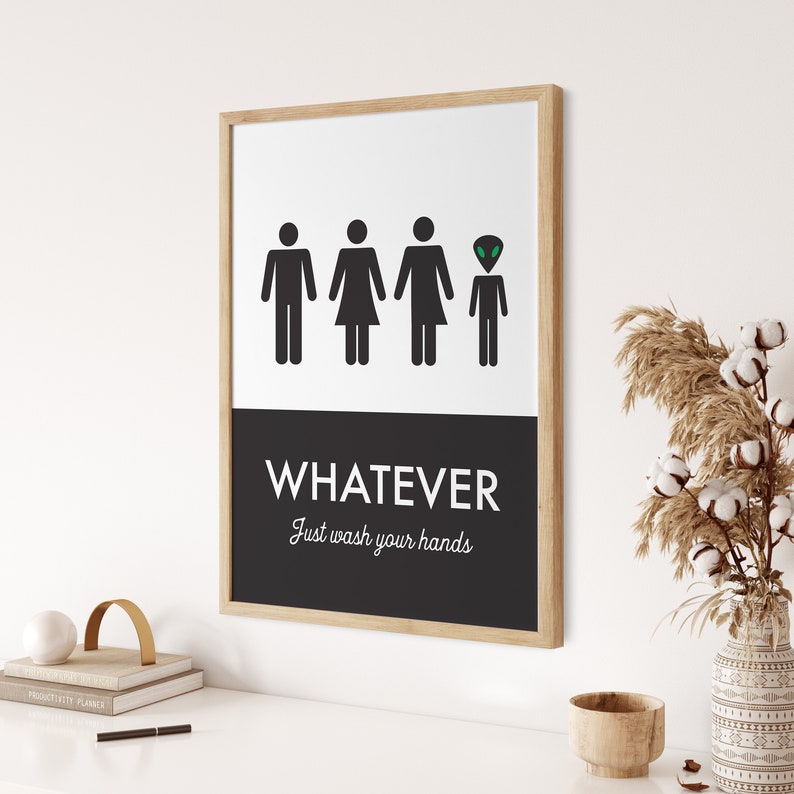 Unisex Bathroom Sign, Funny Bathroom Print, Unisex Bathroom, Family Washroom, Wash Your Hands Sign, Statement Bathroom Print, Guest Bath image 2