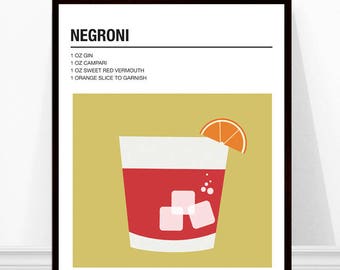 Negroni Print, Cocktail Print, Cocktail Recipe Art, Alcohol Print, Negroni Cocktail Print