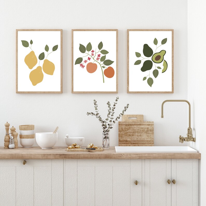 Kitchen Fruit Prints, Avocado Print, Lemon Wall Art, Peach Print, Fruit Wall Art, Kitchen Art, Kitchen Prints, Kitchen Botanical Art image 1