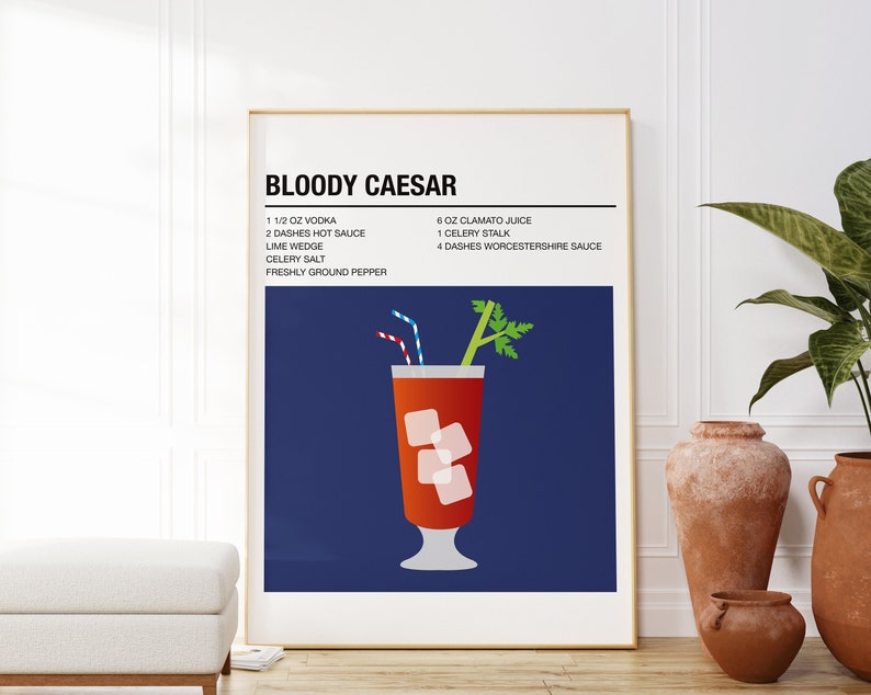 Bloody Caesar Cocktail Print, Colourful Bar Cart Decor, Retro Cocktail Posters, Caesar Cocktail Print, Mid Century Modern Wall Art, Bar Sign image 1