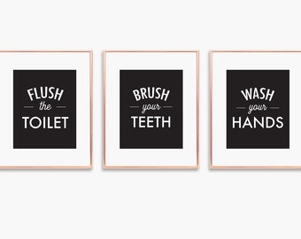 Bathroom Art, Wash Brush Flush, Bathroom Prints, Wash your Hands, Bathroom Instructions, Black and White