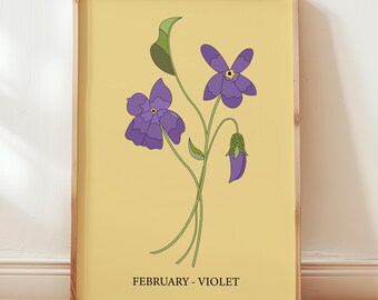 Könnte beinhalten: Ein gerahmter Druck mit gelbem Hintergrund, der eine violette Veilchenblume mit grünen Blättern zeigt. Der Text "FEBRUAR - VIOLETTE" befindet sich am unteren Rand des Drucks.