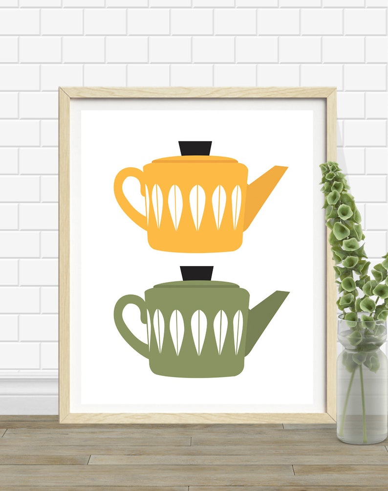 Midcentury Modern Art Kitchen Wall Art Midcentury Teapots 1950s Kitchen Art Scandinavian Design image 2