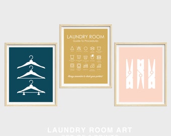 Laundry Prints, Set of 3 Prints, Hangers, Clothes Pins, Laundry Guide, Laundry Symbols Print