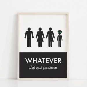 Unisex Bathroom Sign, Funny Bathroom Print, Unisex Bathroom, Family Washroom, Wash Your Hands Sign, Statement Bathroom Print, Guest Bath image 7