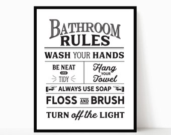 Bathroom Rules Print, Bathroom Art Print, Vintage Bathroom Sign, Bathroom Typography Print