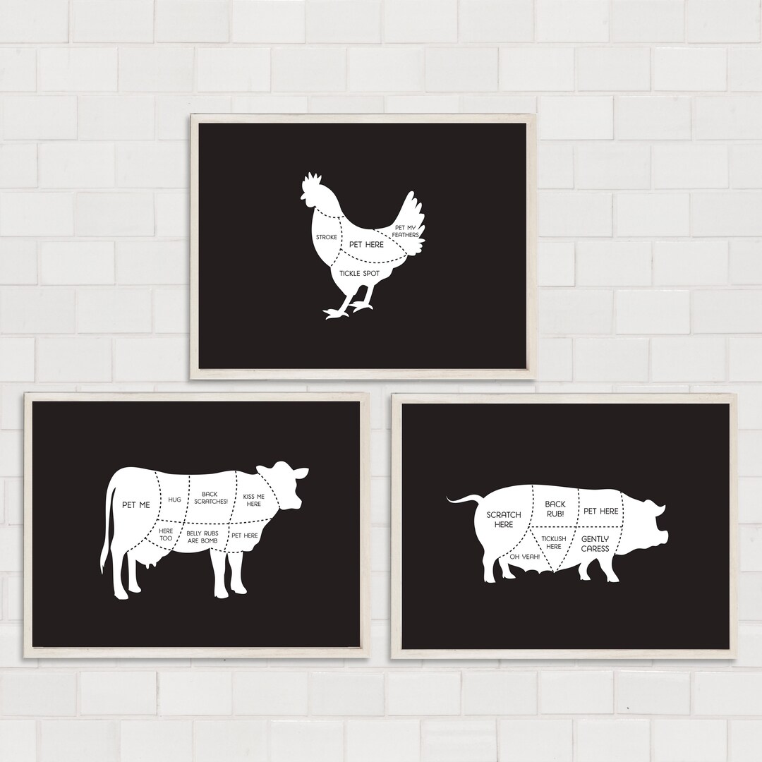 Vegan Butcher Prints Vegan Kitchen Art Kitchen Wall Art Vegan Animal Prints Etsy
