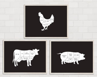 Vegan Butcher Prints - Vegan Kitchen Art - Kitchen Wall Art - Vegan Animal Prints
