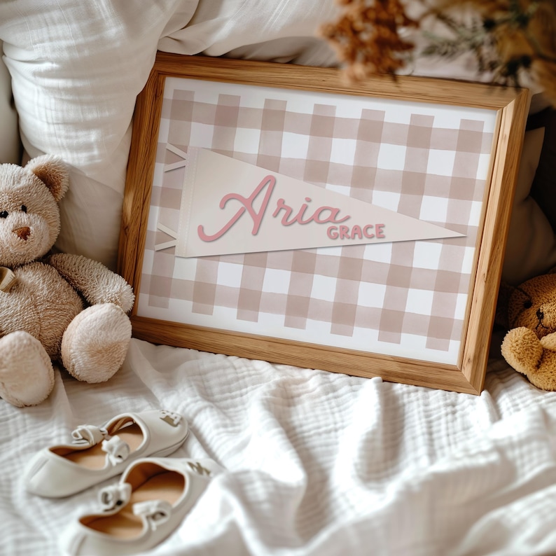 May include: A framed print featuring a tan and white gingham pattern. A pennant with the name "Aria" in pink script is centered on the print, with "Grace" below. A teddy bear and white baby shoes with bows are in the foreground.
