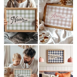May include: Personalized pennant flag prints in wooden frames. The prints feature names on a pennant shape against a gingham background. The color schemes include green, pink, and blue. The text "MAPLEWOOD PRINTS" is at the bottom.