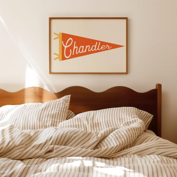 Custom Name Pennant Print Personalized Kids Decor Vintage Flag Print Name Pennant Boys Room Wall Art Retro Kids Room Decor Baby Name