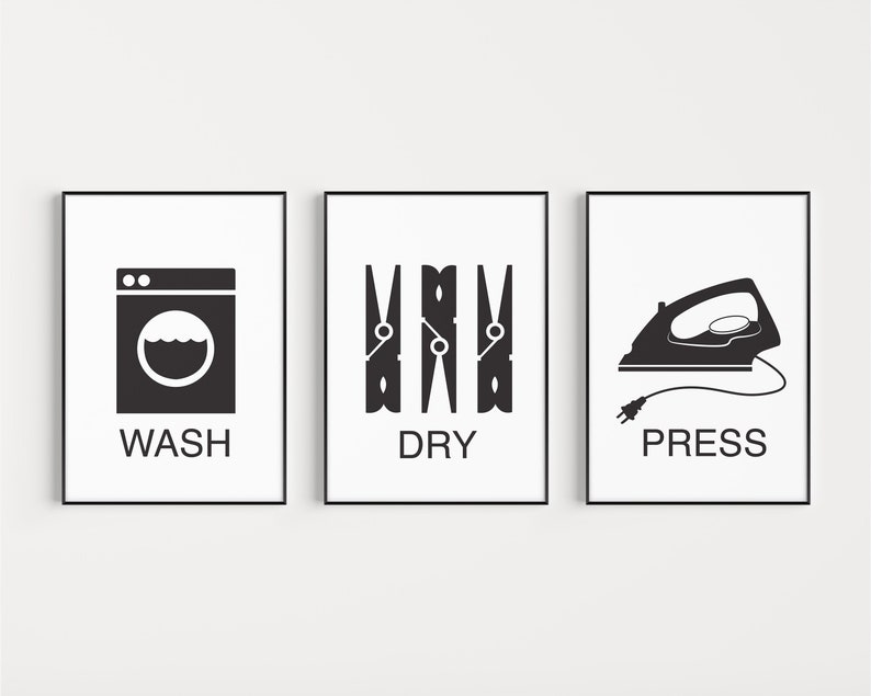 Wash Dry Press Prints, Laundry Room Art, Laundry Print Set, Black and White, Laundry Room Signs image 1