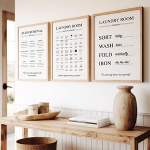 Arte para lavandería, juego de 3 impresiones, impresión de símbolos de cuidado de la ropa, guía para quitar manchas, impresión de instrucciones de lavado, letrero de lavandería en blanco y negro