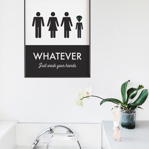 Unisex Bathroom Sign, Funny Bathroom Print, Unisex Bathroom, Family Washroom, Wash Your Hands Sign, Statement Bathroom Print, Guest Bath image 8