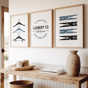 Laundry Room Art - Set of Three - Laundry Wall Art - Wall Art Set - Personalized Laundry Sign - Hangers Print - Clothes Pins - Laundry Set image 1