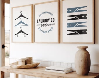 Laundry Room Art - Set of Three - Laundry Wall Art - Wall Art Set - Personalized Laundry Sign - Hangers Print - Clothes Pins - Laundry Set
