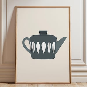 May include: A framed illustration of a blue teapot with white leaf-shaped designs. The teapot has a spout and a lid.