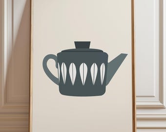 May include: A framed illustration of a blue teapot with white leaf-shaped designs. The teapot has a spout and a lid.