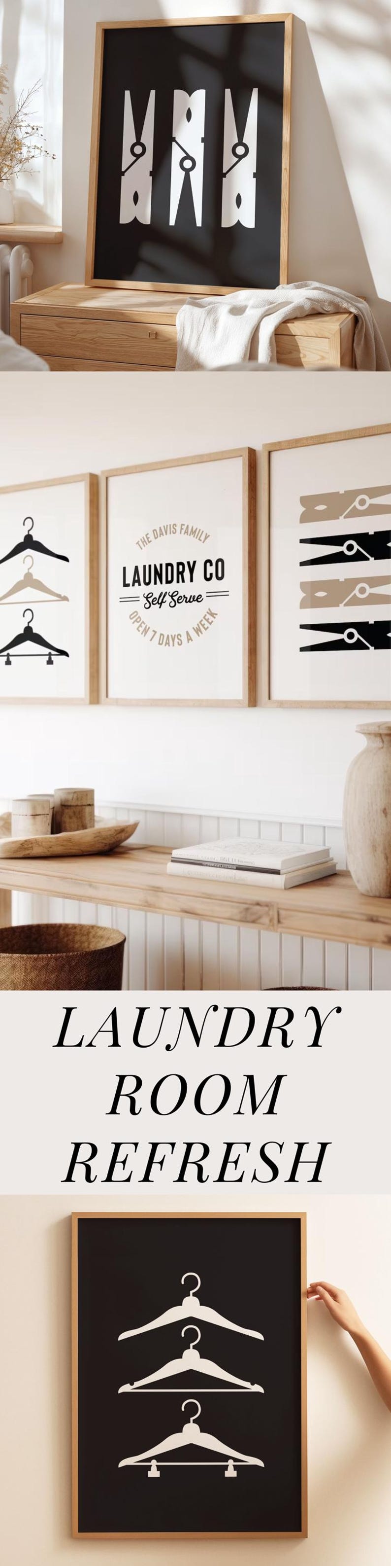 May include: Three framed prints with laundry-themed designs. The first print features three white clothespins on a black background. The second print features a white logo with the text "The Davis Family Laundry Co. Self Serve Open 7 Days a Week". The third print features three brown clothespins on a white background.