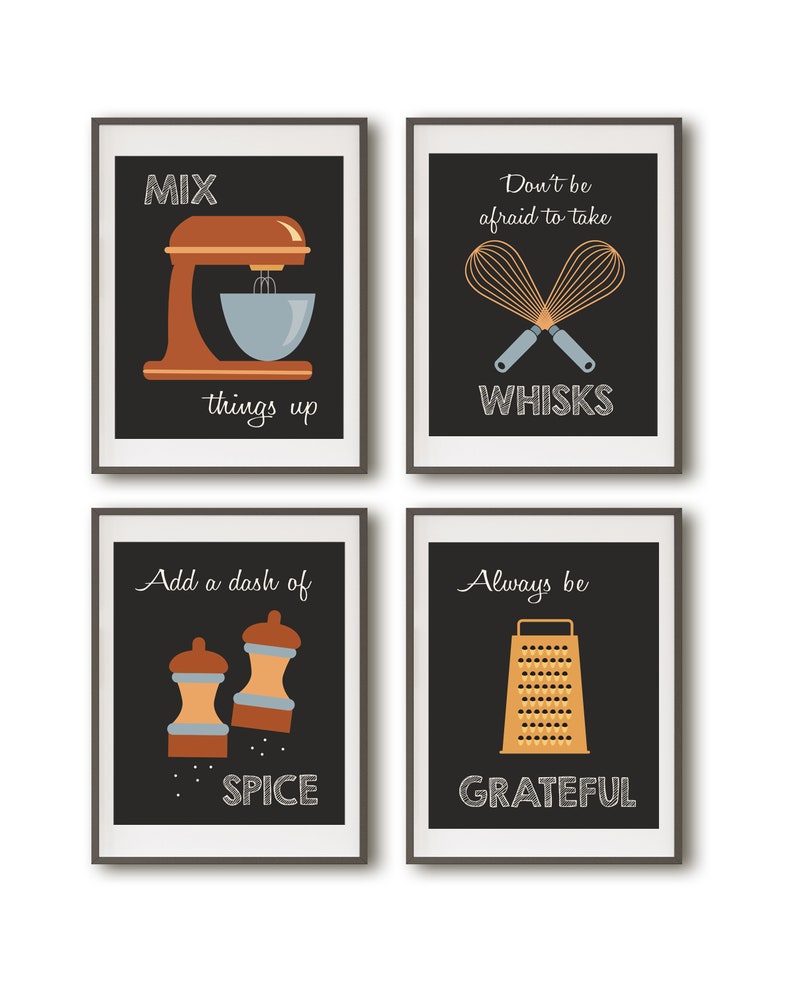 Retro Kitchen Art Kitchen Utensils Kitchen Prints Puns Set of Four Mid Century Inspired Kitchen Decor image 2