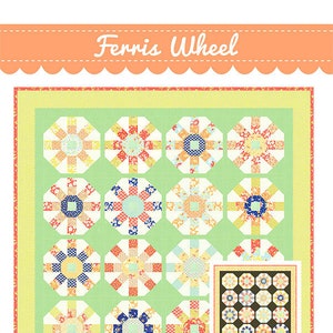 May include: A quilt pattern called "Ferris Wheel" by Fig Tree & Co. by Joanna Figueroa. The pattern features a green background with 16 octagonal blocks in a 4x4 grid. Each block has a different colour combination of red, orange, yellow, blue, and white. The pattern includes instructions for making a quilt using one jelly roll and a solid fabric.