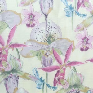 Vintage 1980s 100% Silk Crepe Long Rectangular Pink on Cream Orchid Print Scarf, Hand-rolled Edges